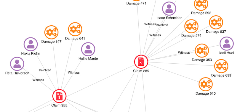A screenshot from Insurance Fraud showcase with nodes indicating insurance claims, witnesses, involved parties and damages